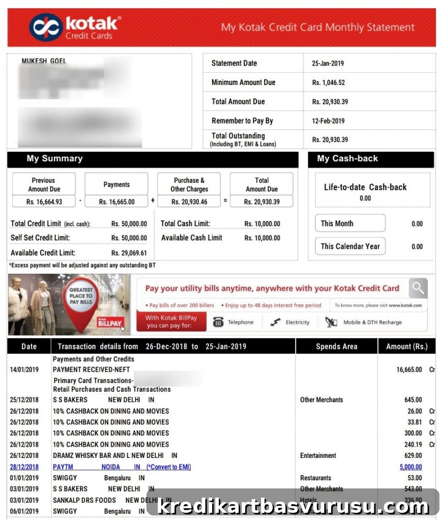 Statement screenshot showing cashback